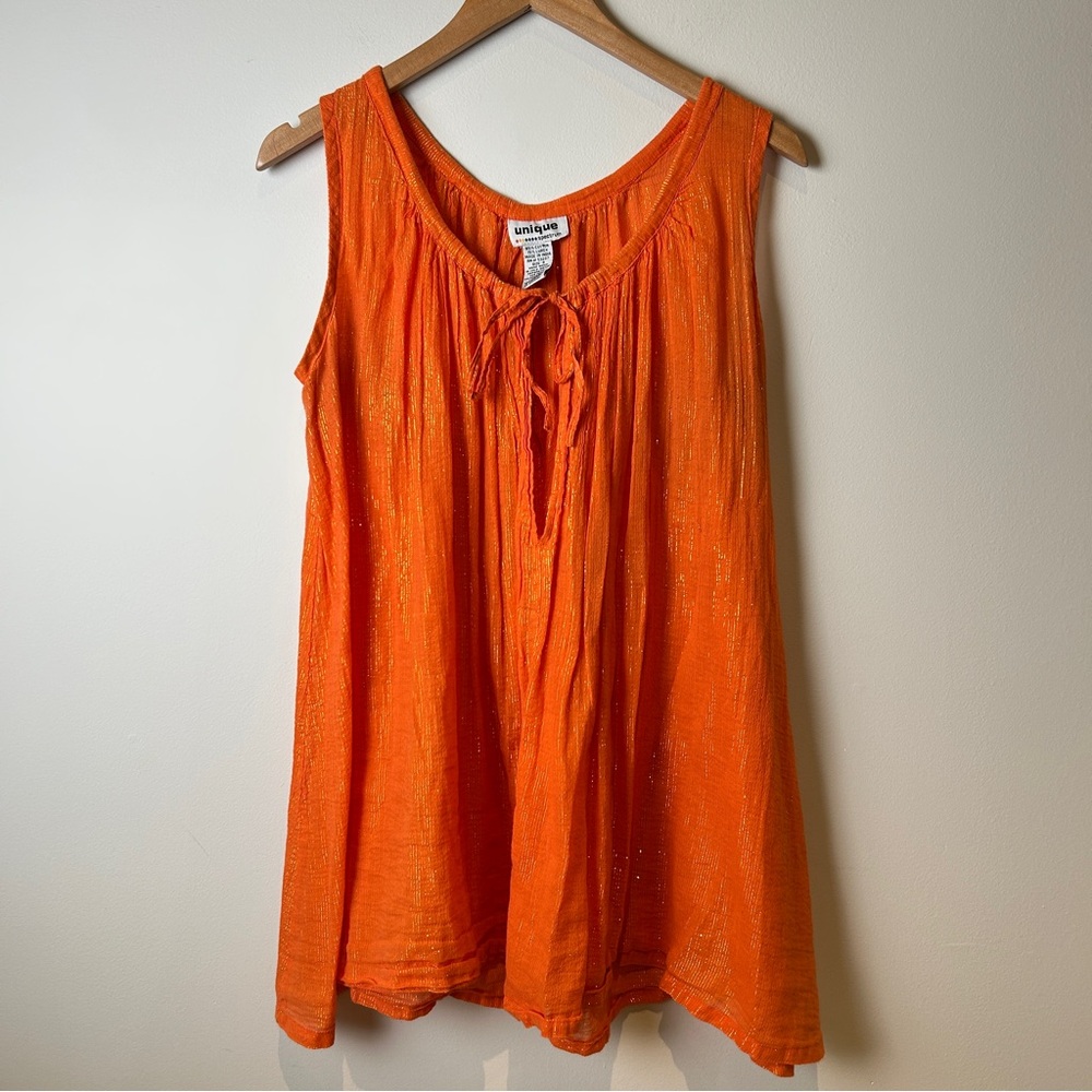 Fairycore Floaty Gauze Orange Sleeveless Tie-Neck Tank Top With Lurex Sparkles